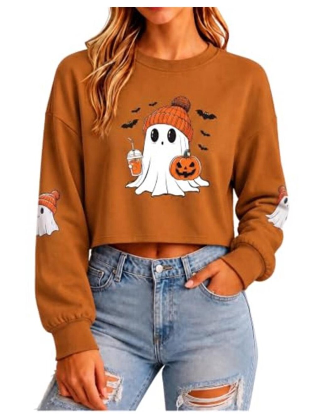 Orange Cropped Halloween Sweatshirt Cute Ghost Pumpkin Coffee Spooky Season